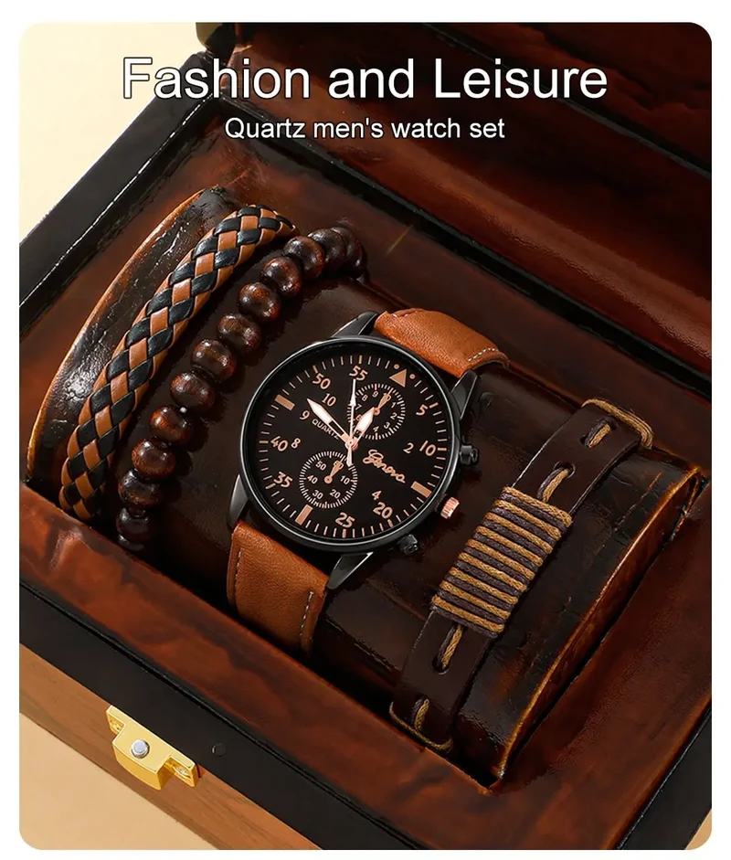 Stilvolle Herren Armbanduhr mit Kunstleder Armband Set Luxus Quarz Uhr