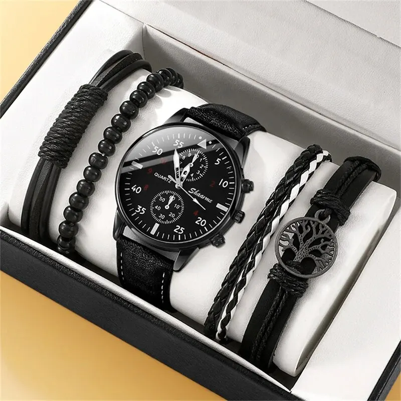Stilvolle Herren Armbanduhr mit Kunstleder Armband Set Luxus Quarz Uhr