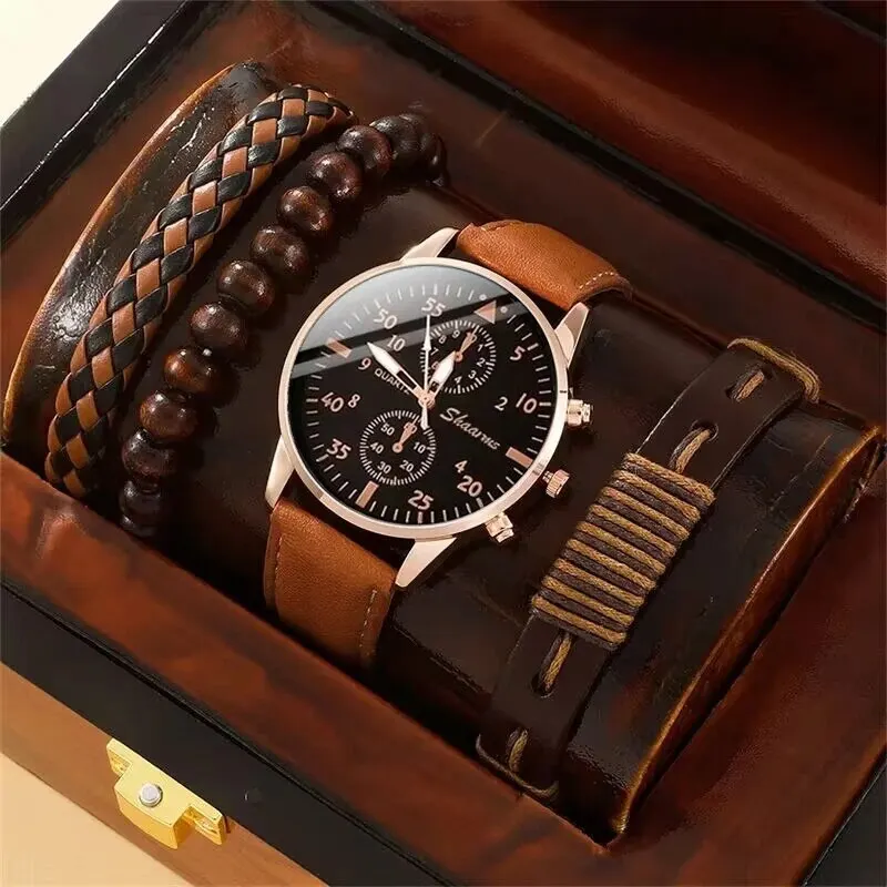 Stilvolle Herren Armbanduhr mit Kunstleder Armband Set Luxus Quarz Uhr
