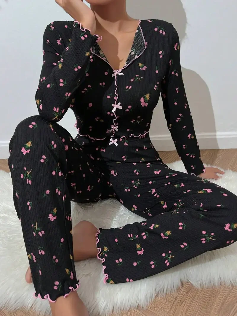 Pyjama für Damen Nachtwäsche Nachthemd Schlafanzug Zweiteiliger Hausanzug