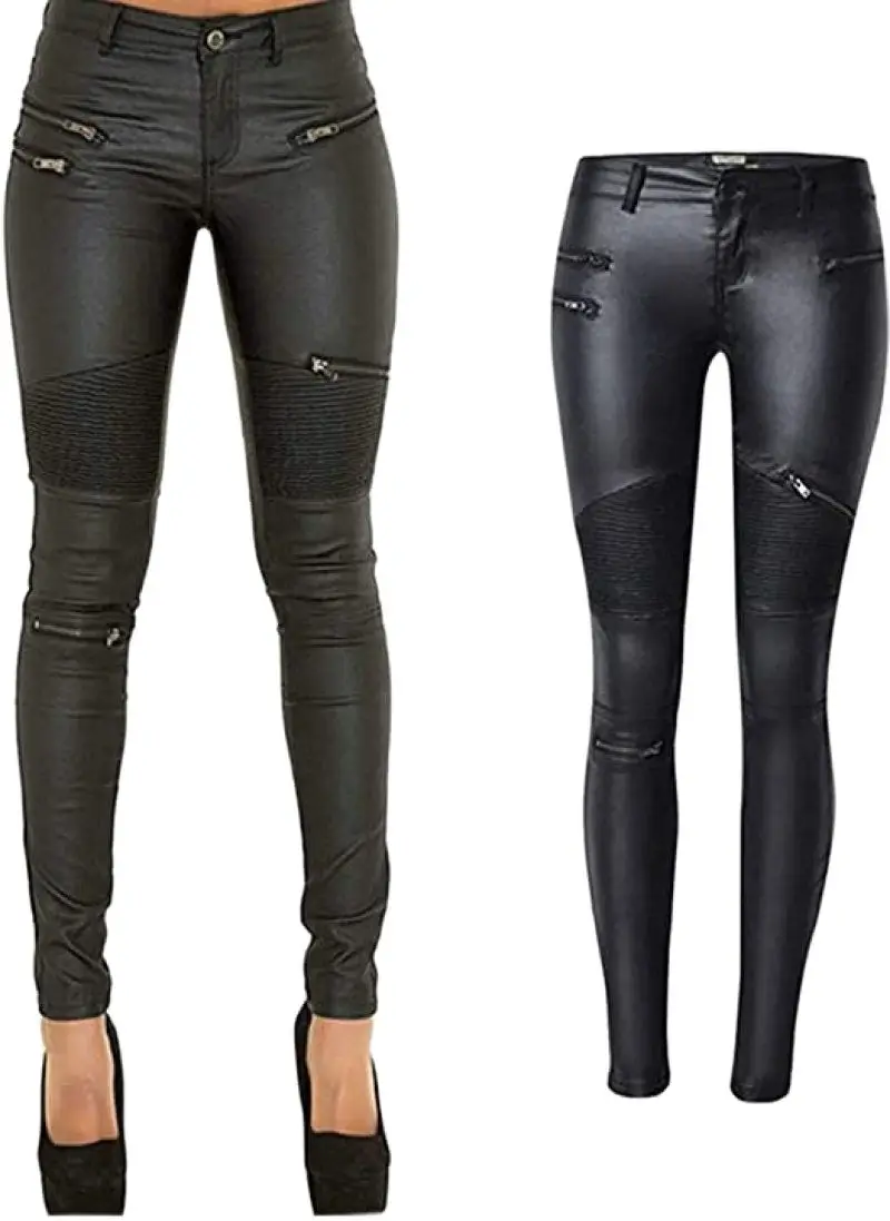 Sexy Damen Stretch Leggings Leggins Gothic Punk Hose PU Lederhose Reißverschluss