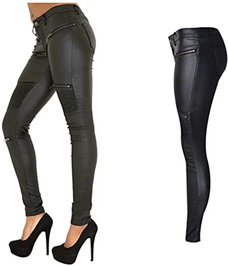 Sexy Damen Stretch Leggings Leggins Gothic Punk Hose PU Lederhose Reißverschluss