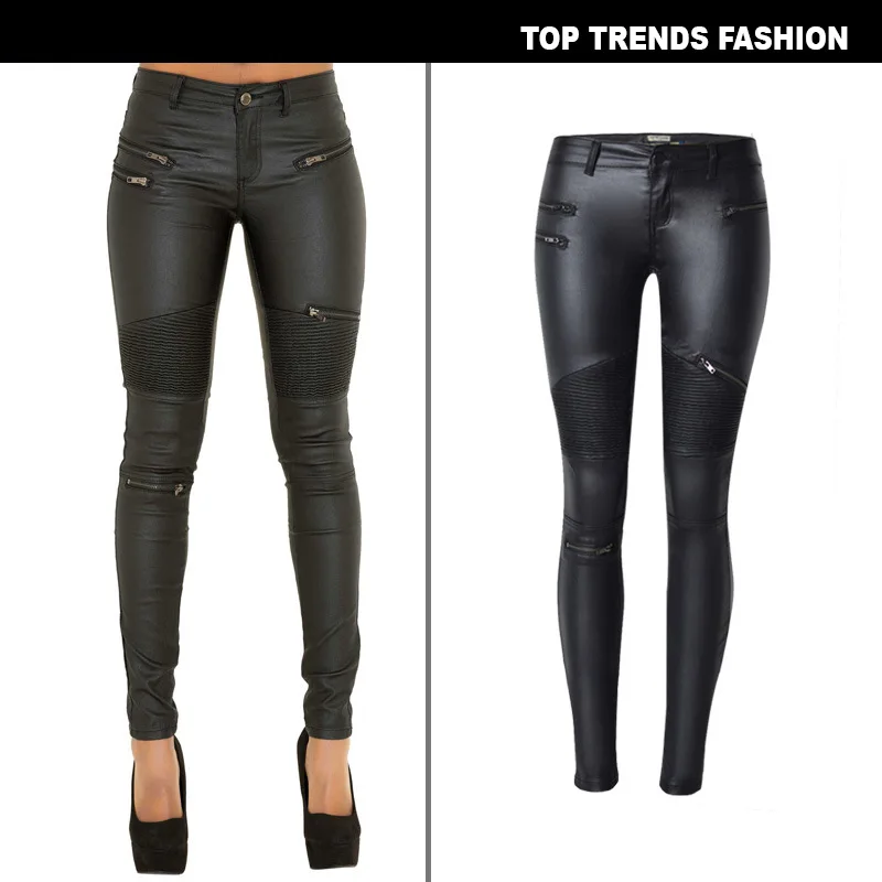 Sexy Damen Stretch Leggings Leggins Gothic Punk Hose PU Lederhose Reißverschluss