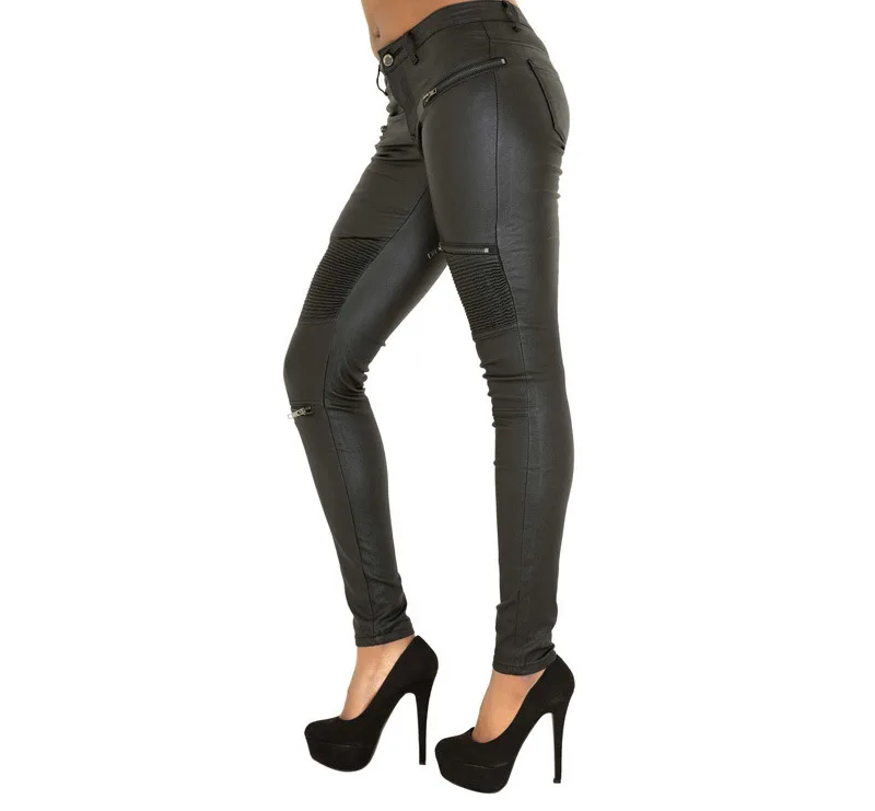 Sexy Damen Stretch Leggings Leggins Gothic Punk Hose PU Lederhose Reißverschluss