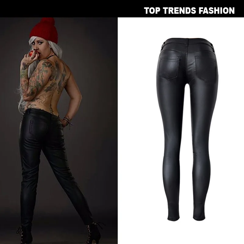 Sexy Damen Stretch Leggings Leggins Gothic Punk Hose PU Lederhose Reißverschluss