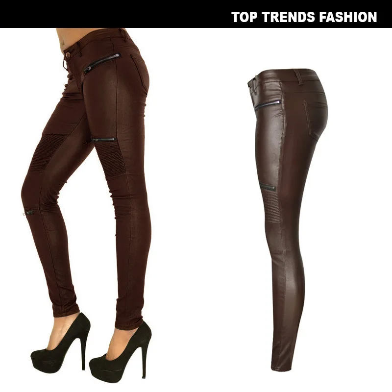 Sexy Damen Stretch Leggings Leggins Gothic Punk Hose PU Lederhose Reißverschluss