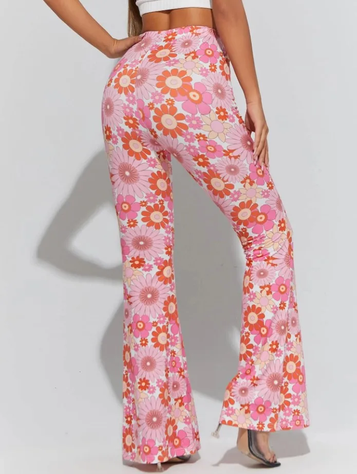 Damen Yoga Hose Bootcut Hüftjeans Schlaghose Flared Leggins Flower Power Retro