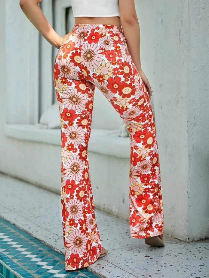Damen Yoga Hose Bootcut Hüftjeans Schlaghose Flared Leggins Flower Power Retro