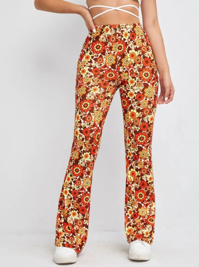 Damen Yoga Hose Bootcut Hüftjeans Schlaghose Flared Leggins Flower Power Retro