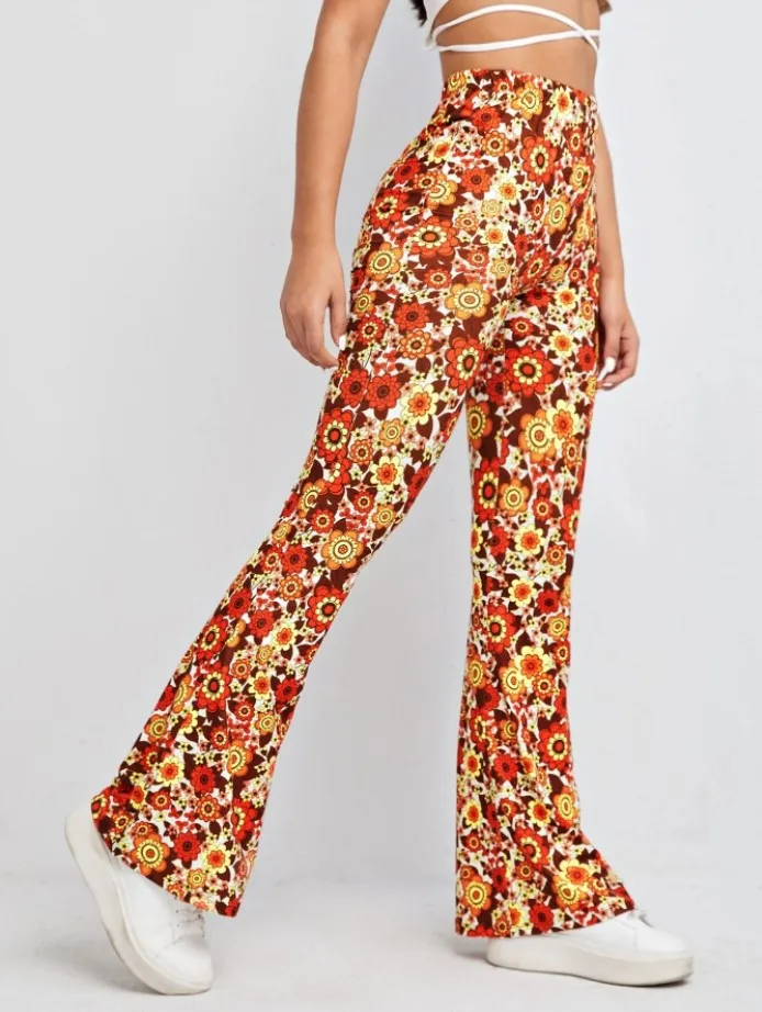 Damen Yoga Hose Bootcut Hüftjeans Schlaghose Flared Leggins Flower Power Retro