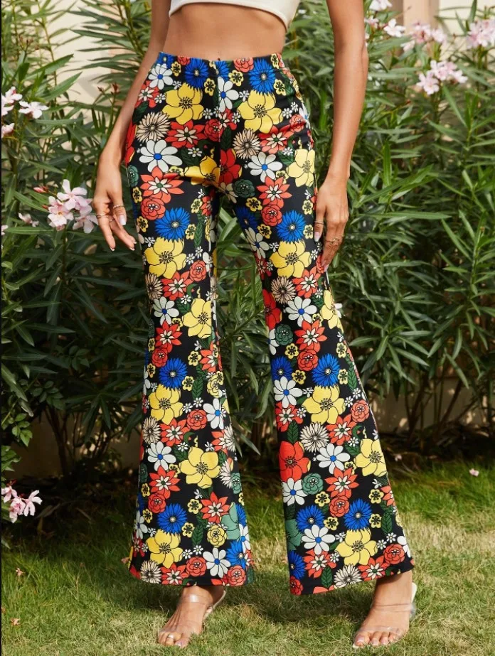 Damen Yoga Hose Bootcut Hüftjeans Schlaghose Flared Leggins Flower Power Retro