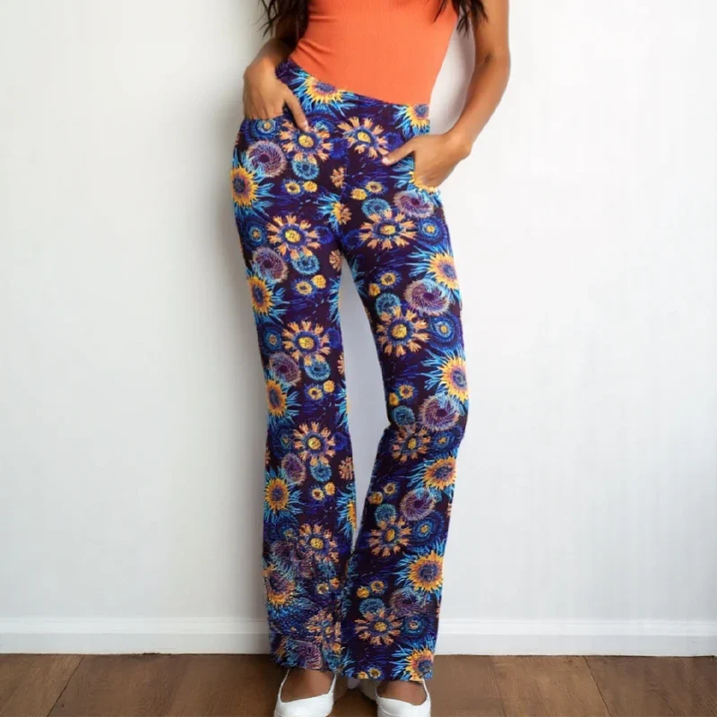 Damen Yoga Hose Bootcut Hüftjeans Schlaghose Flared Leggins Flower Power Retro