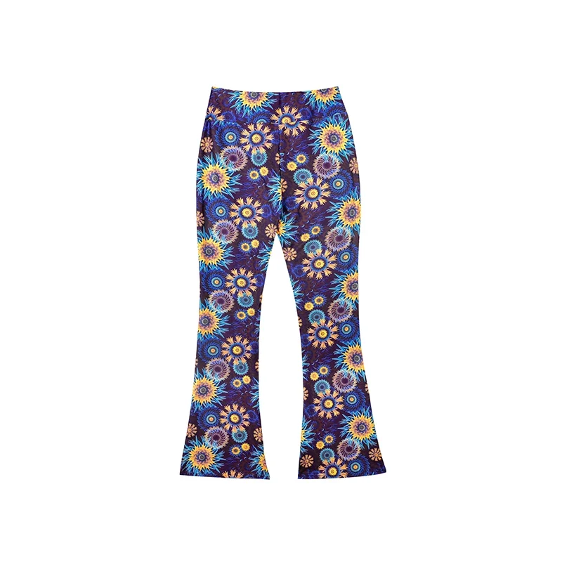 Damen Yoga Hose Bootcut Hüftjeans Schlaghose Flared Leggins Flower Power Retro