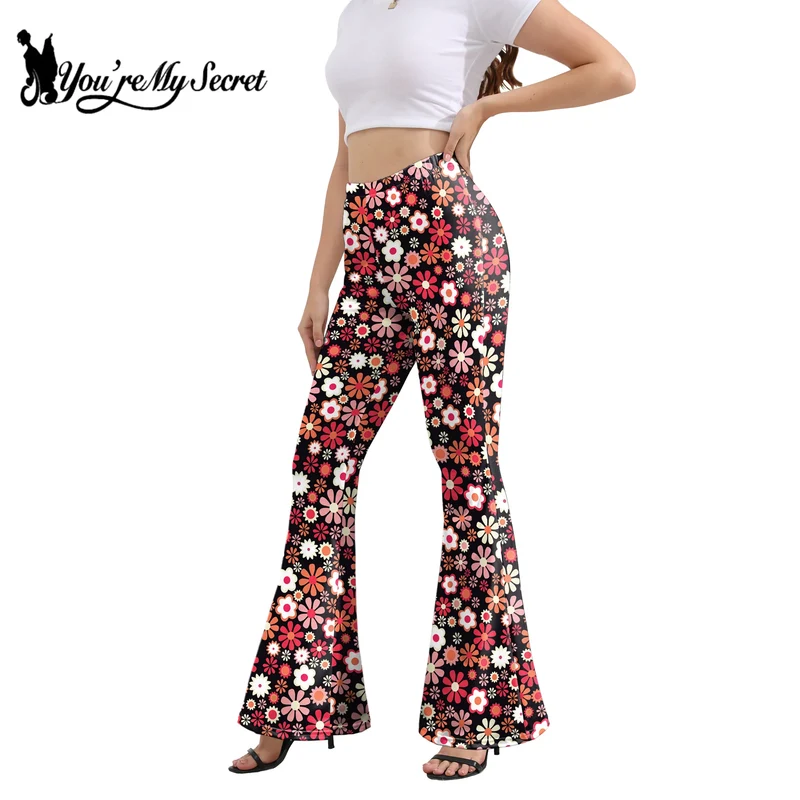 Damen Yoga Hose Bootcut Hüftjeans Schlaghose Flared Leggins Flower Power Retro