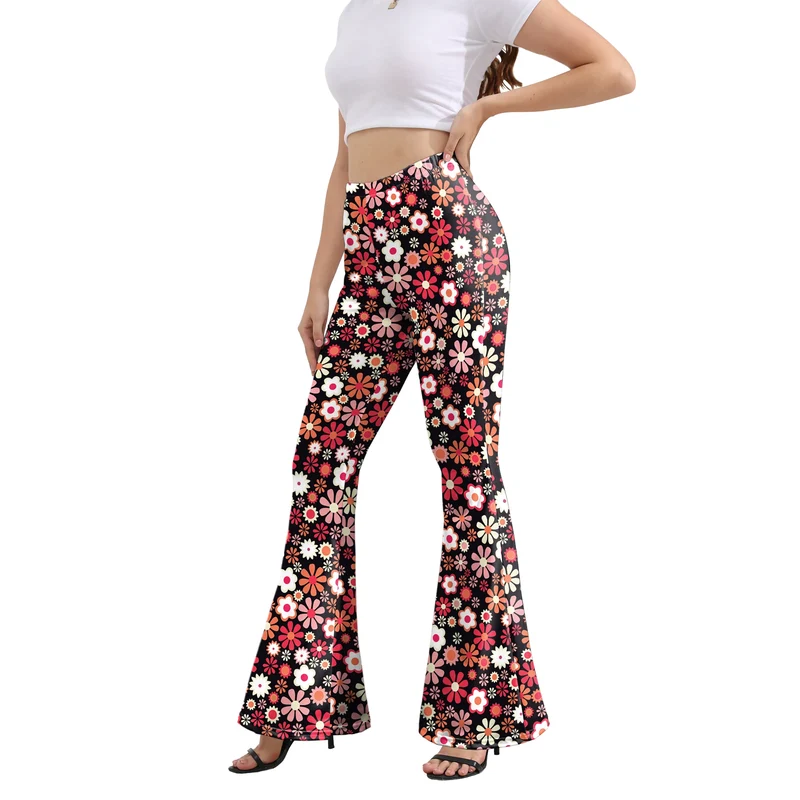 Damen Yoga Hose Bootcut Hüftjeans Schlaghose Flared Leggins Flower Power Retro