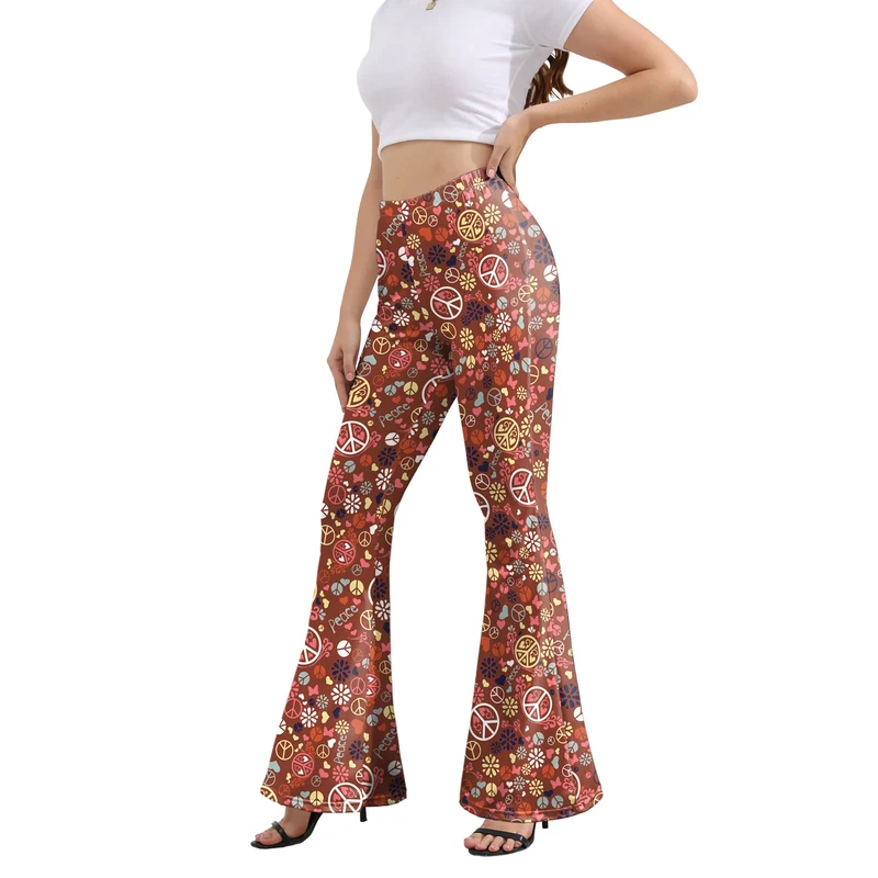 Damen Yoga Hose Bootcut Hüftjeans Schlaghose Flared Leggins Flower Power Retro