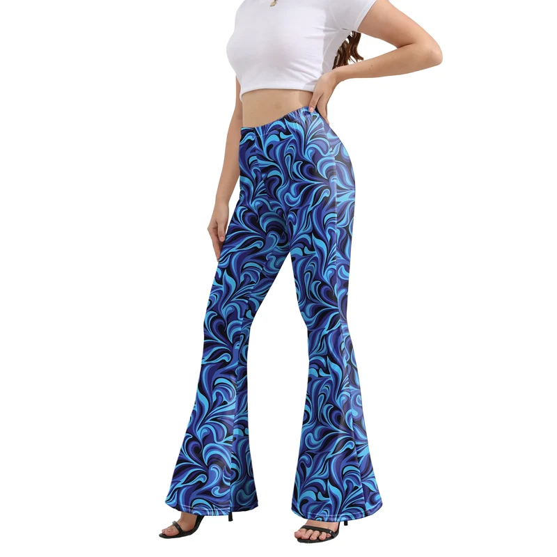 Damen Yoga Hose Bootcut Hüftjeans Schlaghose Flared Leggins Flower Power Retro