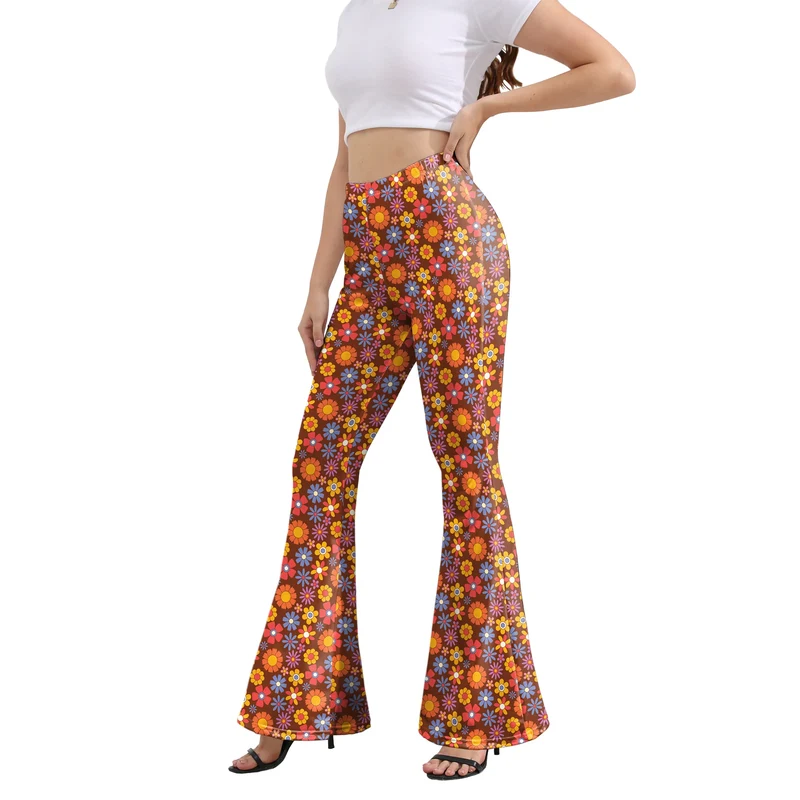 Damen Yoga Hose Bootcut Hüftjeans Schlaghose Flared Leggins Flower Power Retro