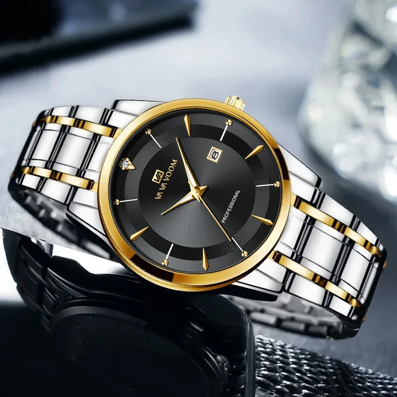Herren Armbanduhr Silber Schwarz Edelstahl Quarzuhr Luxus Chronograph Business