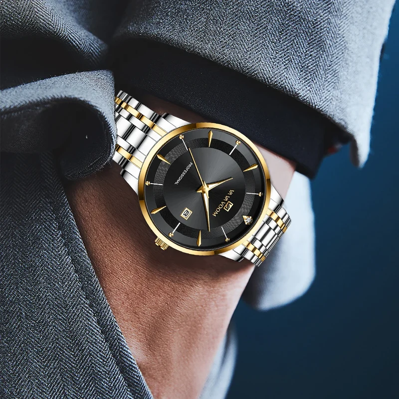 Herren Armbanduhr Silber Schwarz Edelstahl Quarzuhr Luxus Chronograph Business