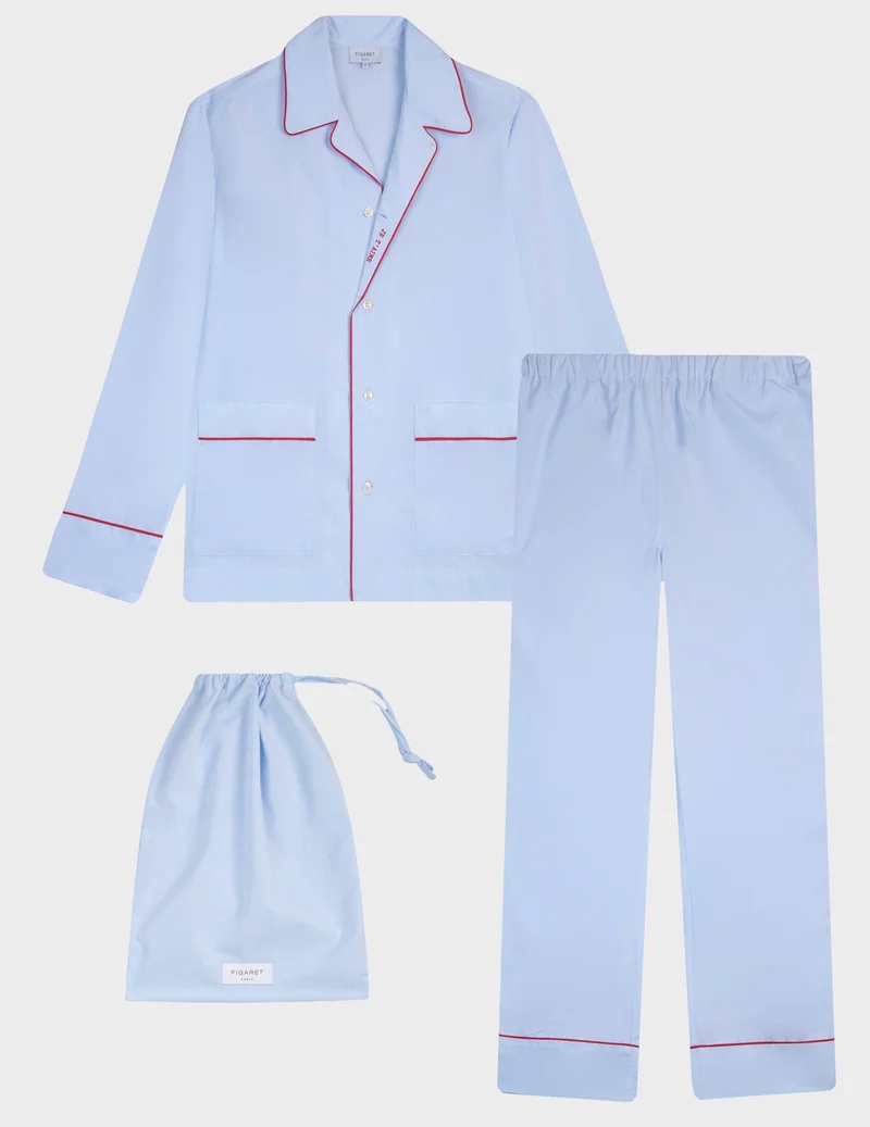 Pyjama Louise en popeline bleue brodé "Je t'aime"