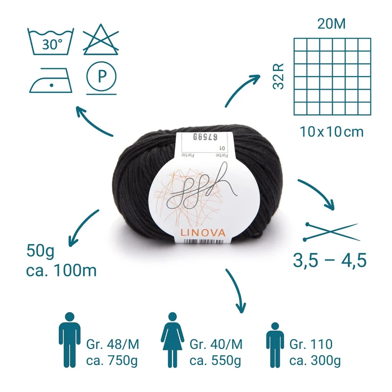 ggh Linova | 100% Baumwolle | 100m/50g | 001 - Schwarz