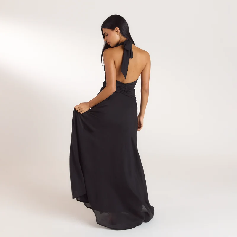 Gerüschtes Tencel Maxikleid - Schwarz