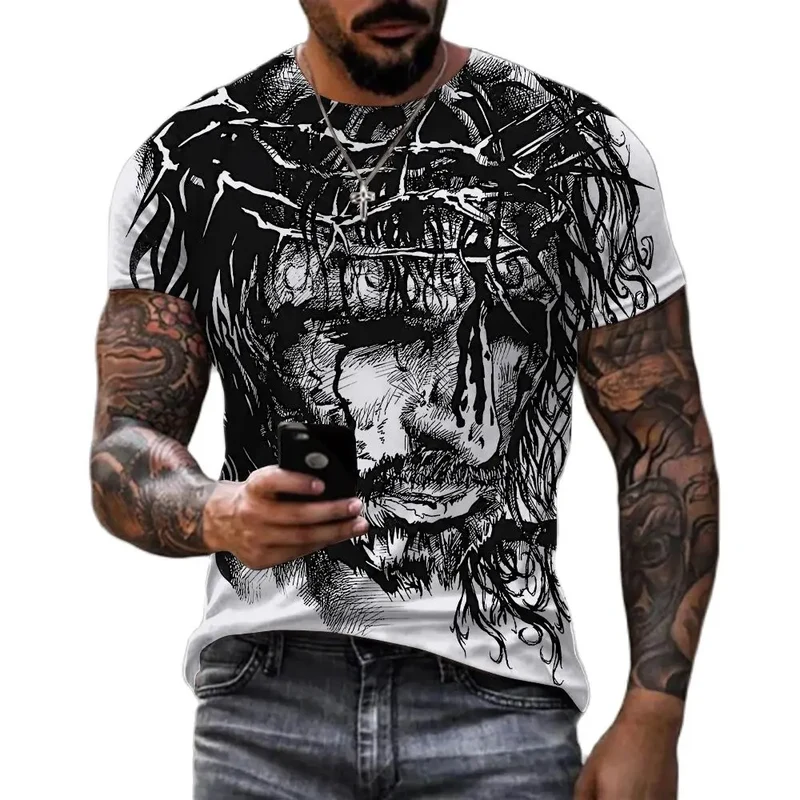 Herren Jesus Christus Kreuz 3D T-Shirt Rundhals Unisex Sommer Streetwear