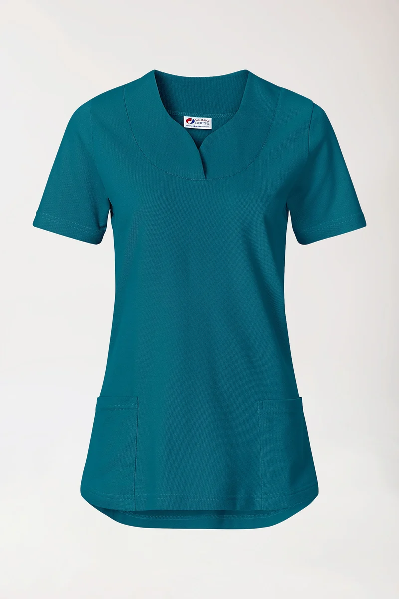 Piqué Longshirt Damen - diagonaler Ausschnitt petrol