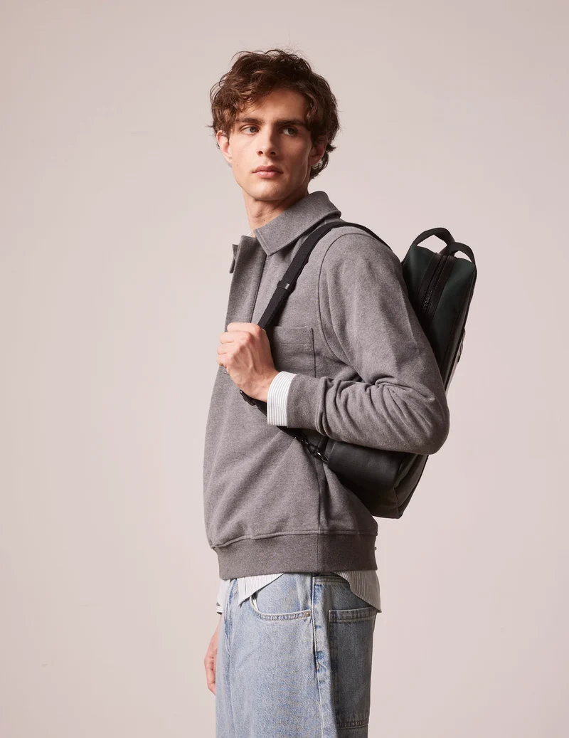 Sac à dos en canvas enduit et cuir vert