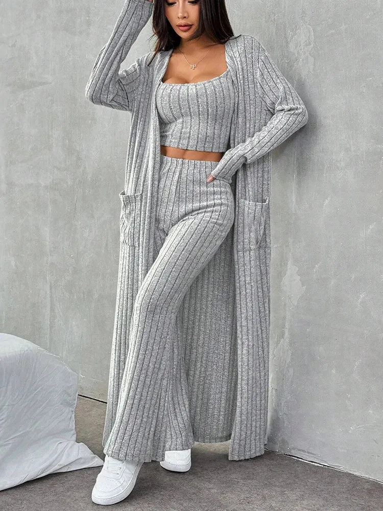 3-teiliges Damen Outfit Strickjacke Jacke Fitnessanzug Freizeitanzug Hausanzug