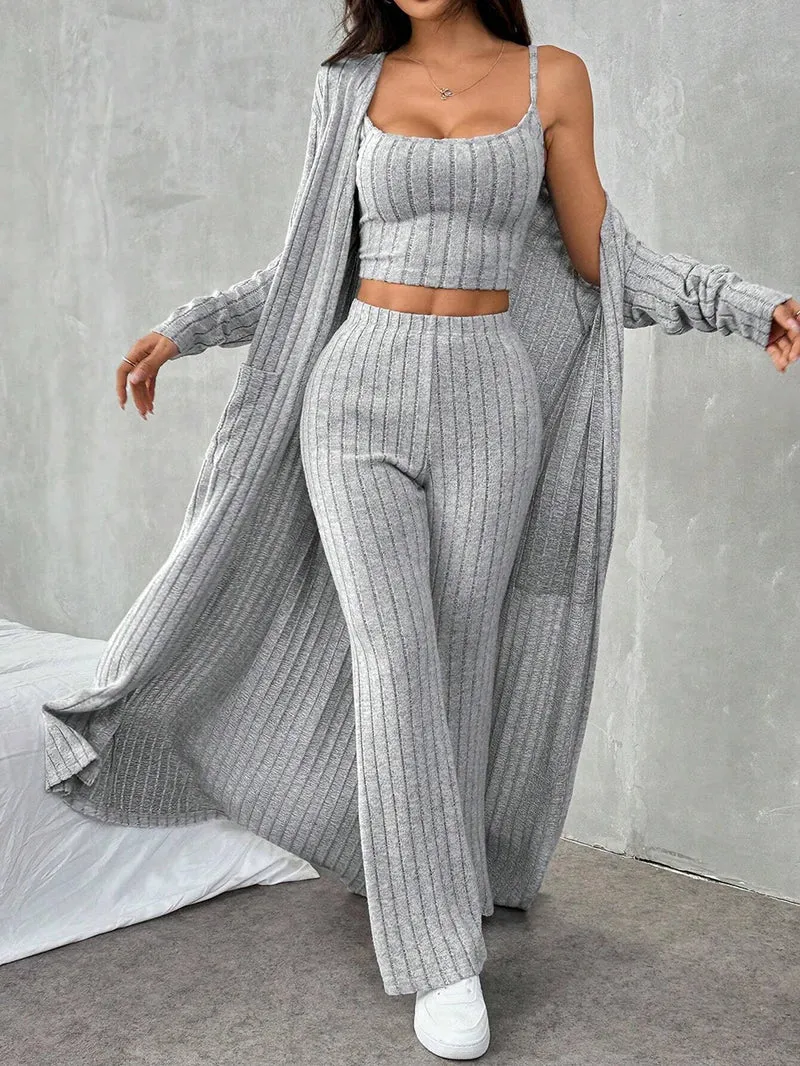 3-teiliges Damen Outfit Strickjacke Jacke Fitnessanzug Freizeitanzug Hausanzug