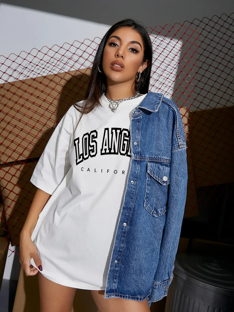 Damen Sommer Top Los Angeles T-Shirt Rundhals Streetwear lockeres Damentop