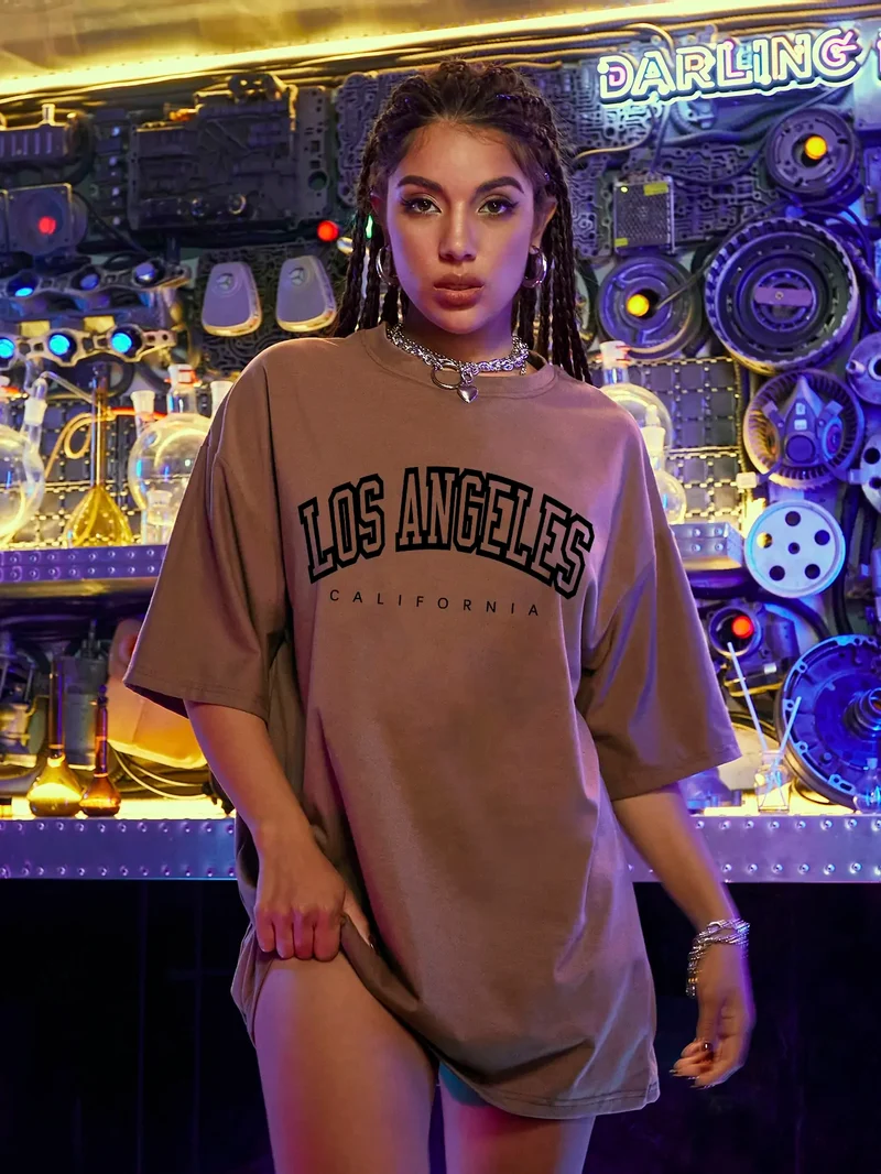 Damen Sommer Top Los Angeles T-Shirt Rundhals Streetwear lockeres Damentop