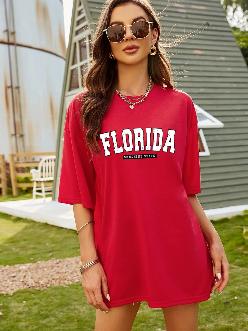 Damen Sommer Top Florida T-Shirt Rundhals Streetwear Baumwoll Damentop
