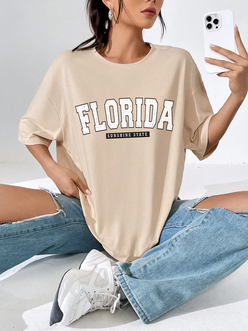 Damen Sommer Top Florida T-Shirt Rundhals Streetwear Baumwoll Damentop