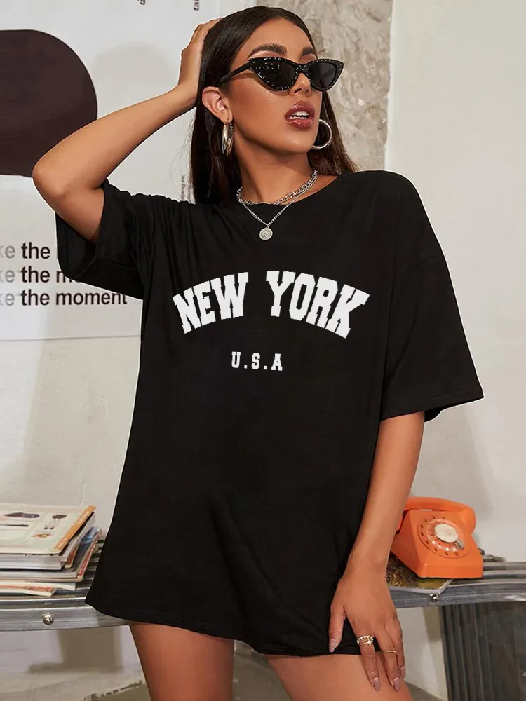 Damen Sommer Top NEW YORK U.S.A T-Shirt Rundhals Streetwear Baumwoll Damentop