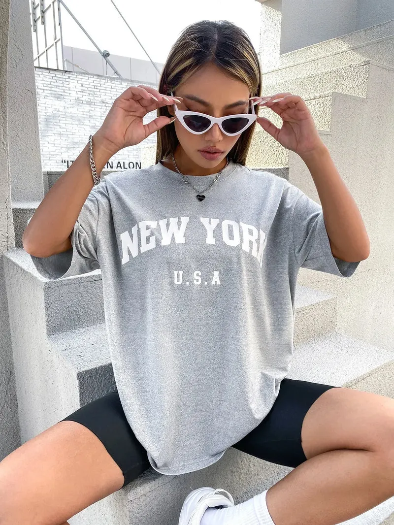 Damen Sommer Top NEW YORK U.S.A T-Shirt Rundhals Streetwear Baumwoll Damentop