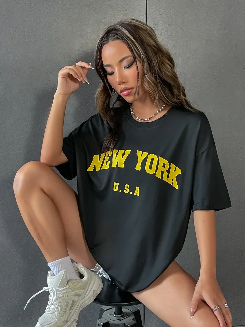 Damen Sommer Top NEW YORK U.S.A T-Shirt Rundhals Streetwear Baumwoll Damentop