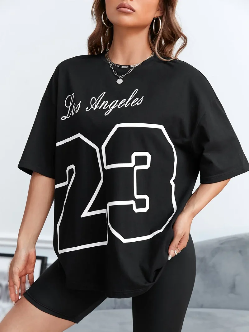 Damen Sommer Top Los Angeles 23 T-Shirt Rundhals Streetwear Baumwoll Damentop