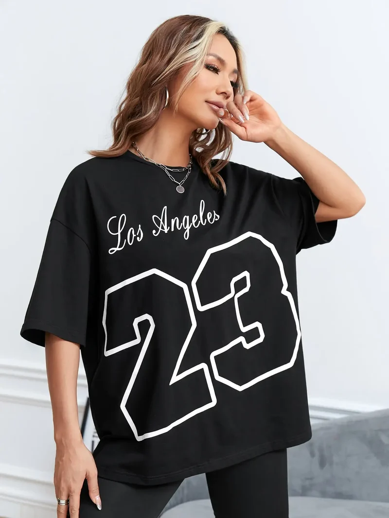 Damen Sommer Top Los Angeles 23 T-Shirt Rundhals Streetwear Baumwoll Damentop