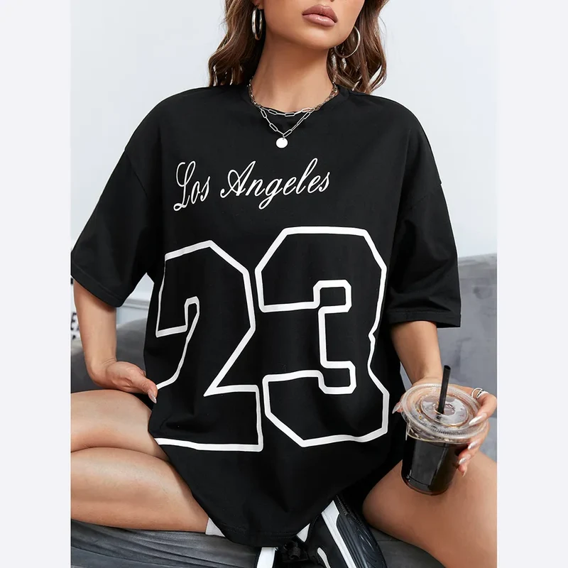 Damen Sommer Top Los Angeles 23 T-Shirt Rundhals Streetwear Baumwoll Damentop