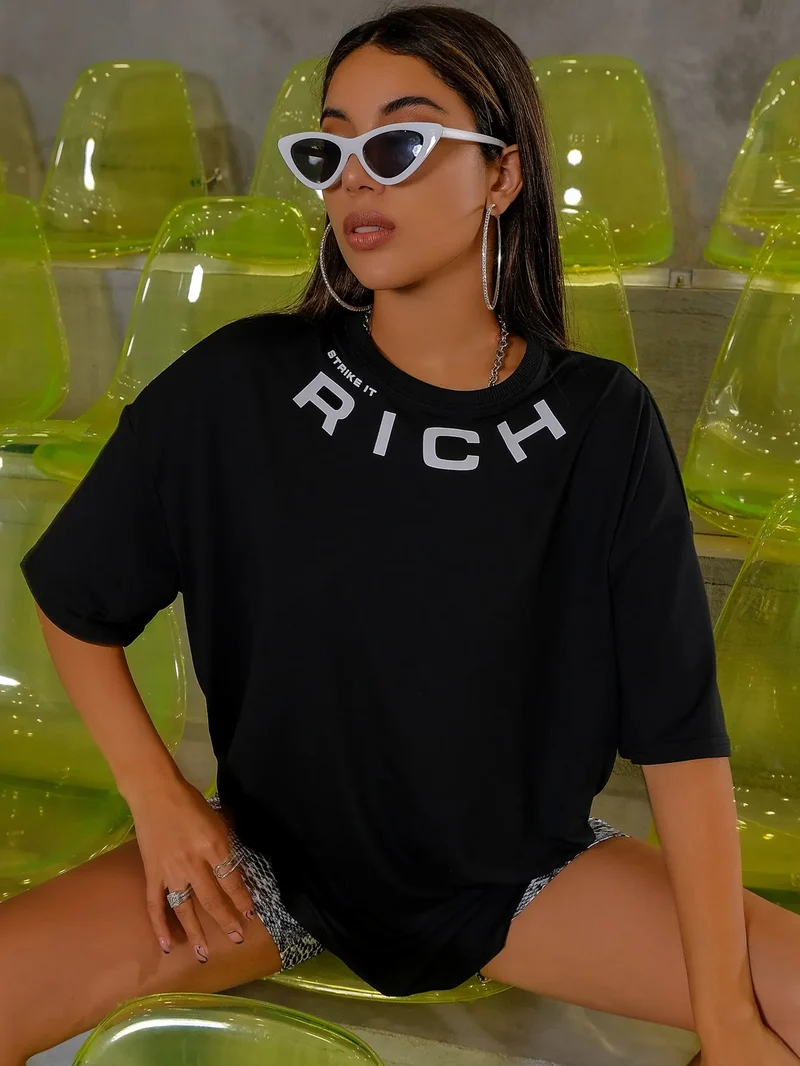 Damen Sommer Top Rich T-Shirt Rundhals Streetwear Baumwoll Damentop