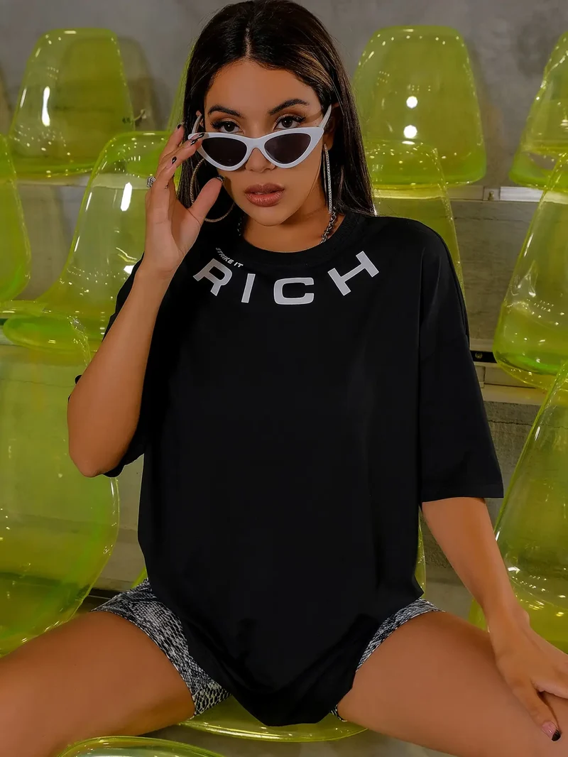Damen Sommer Top Rich T-Shirt Rundhals Streetwear Baumwoll Damentop