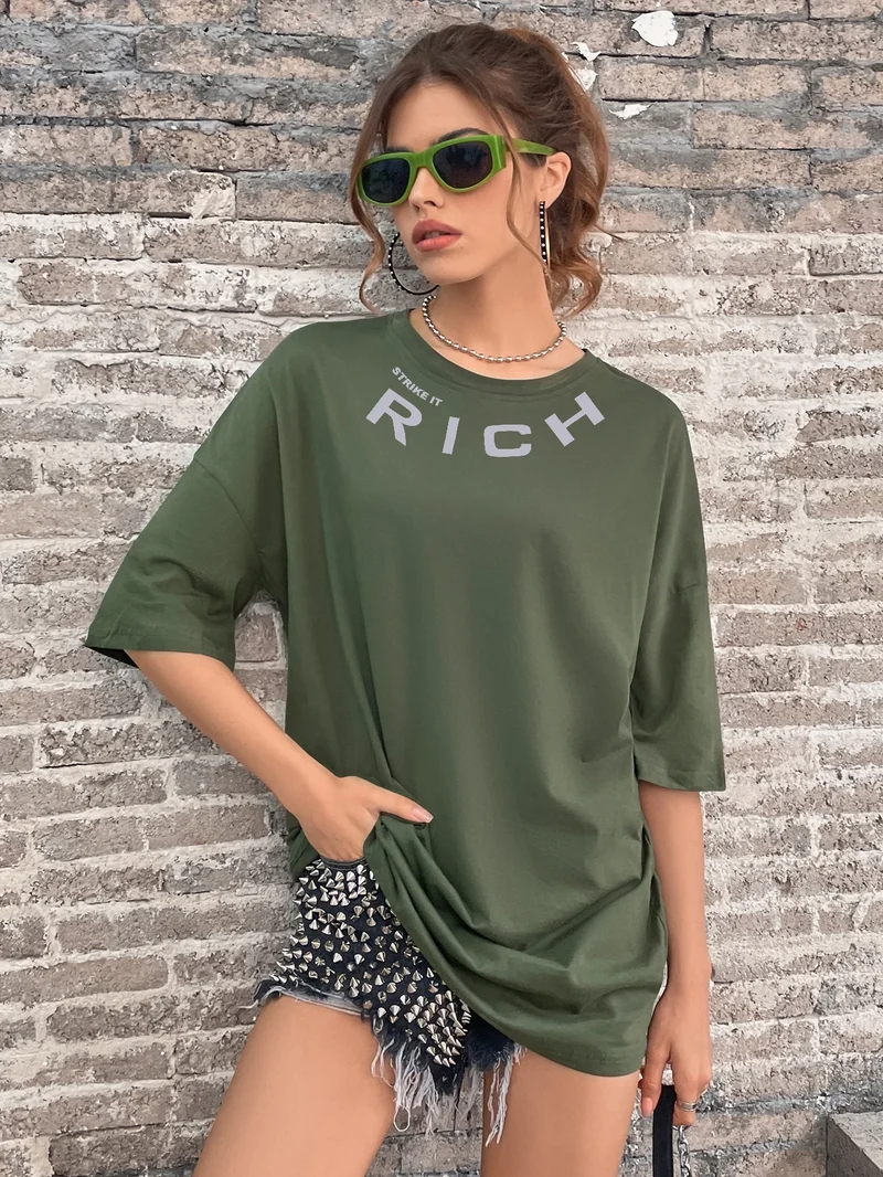 Damen Sommer Top Rich T-Shirt Rundhals Streetwear Baumwoll Damentop