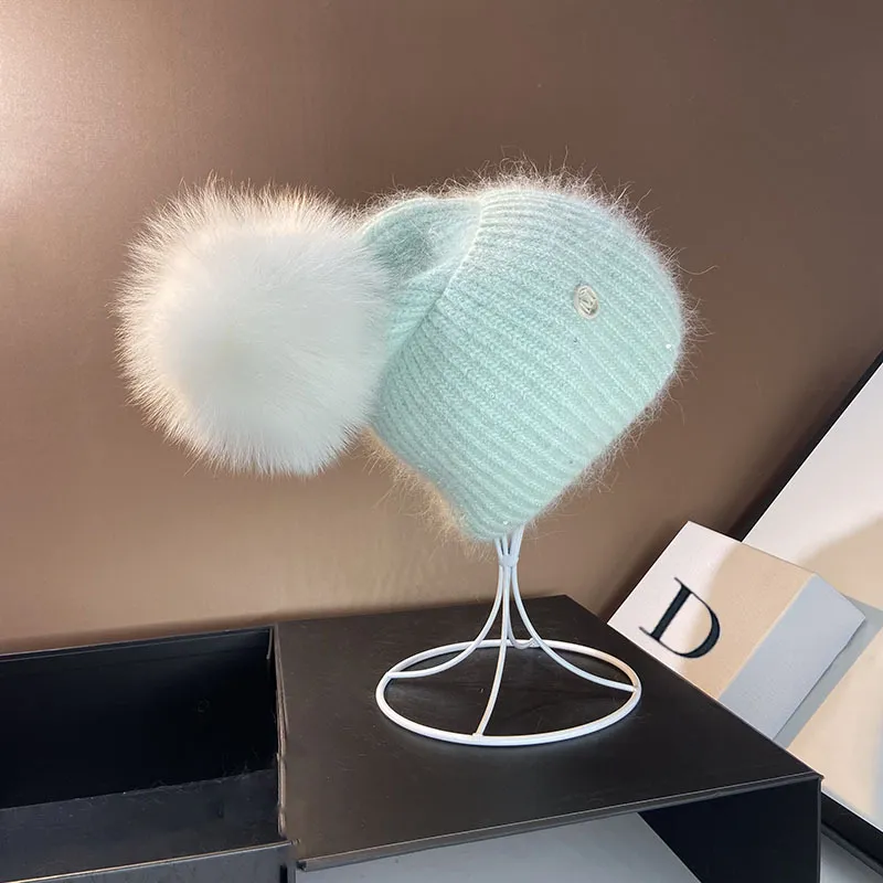 Damen Wolle Mütze Wintermütze Strickmütze Gefüttert Pudel Bommelmütze Pudelmütze