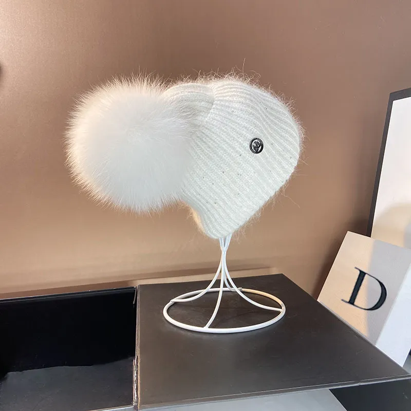 Damen Wolle Mütze Wintermütze Strickmütze Gefüttert Pudel Bommelmütze Pudelmütze