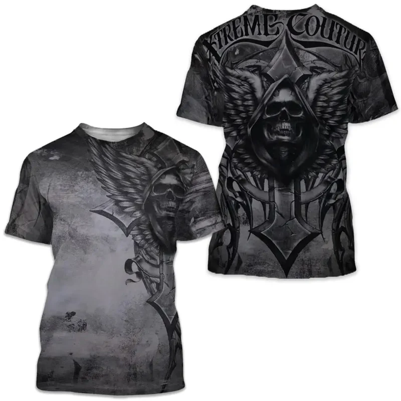 Männer Metal Skull 3D Print T-Shirt Rundhals Unisex Sommer Streetwear Shirt Top