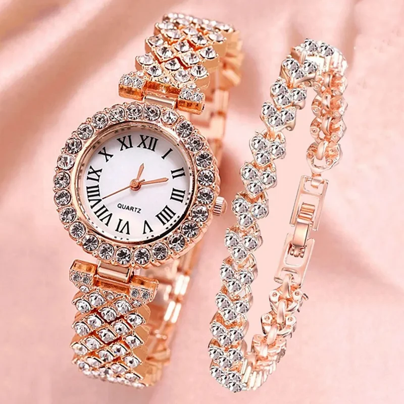 Damen Armband Uhren Set Strass Luxus Quarz Silber Gold Business Armbanduhr