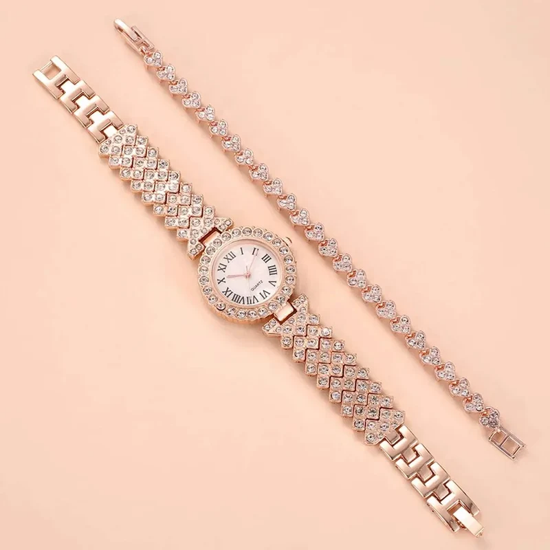 Damen Armband Uhren Set Strass Luxus Quarz Silber Gold Business Armbanduhr